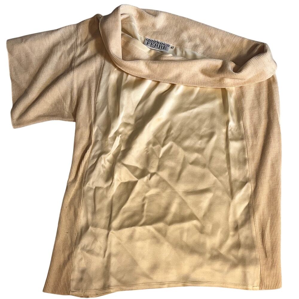 Gianfranco Ferré VTG Cream Silk Knit Cowl Neck Draped Off-the-Shoulder Top Sz 40